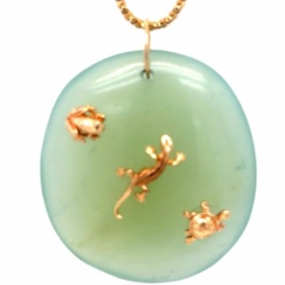 14K Large Whimsical Amphibian Frog Newt Turtle Jade Lily Pad Pendant